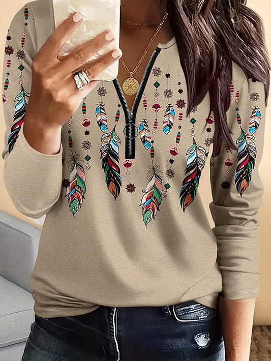 Women's T shirt Long Sleeve Graphic Feather Elegant Vintage