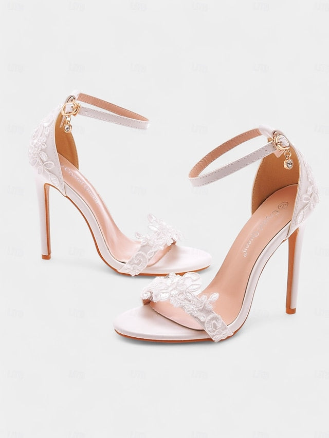 with Stiletto Heels Ankle White Strap Lace Wedding Women's