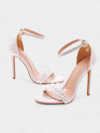 with Heels Lace Women's Stiletto Ankle Strap Wedding White