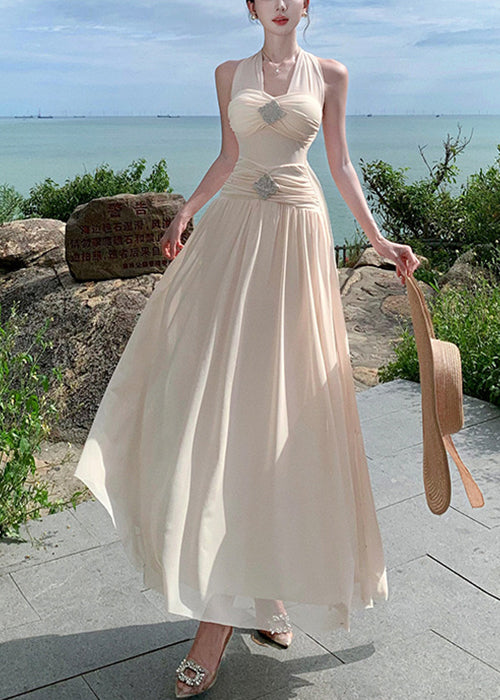 Dresses Waist Wrinkled High Long Cotton Summer Apricot