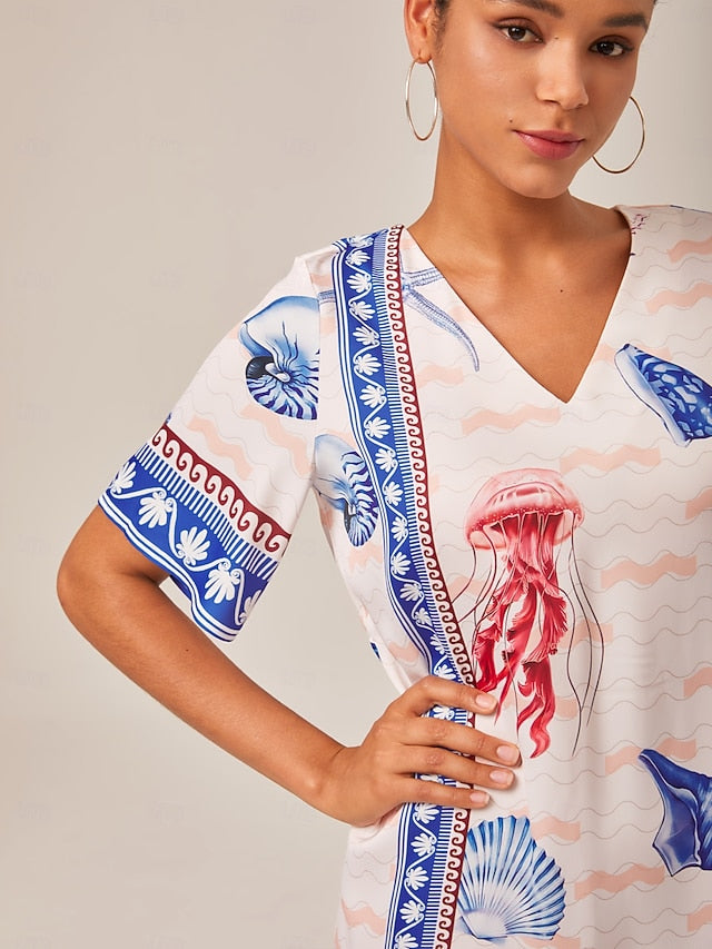 Resort-Style Ocean Print Straight-Cut Dress
