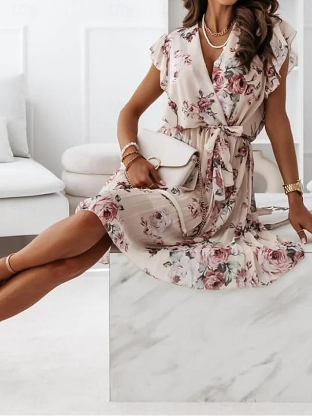 Women's Casual Dress Floral Print V Neck Mini Dress Stylish