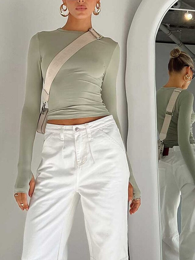 Women's T Shirt Long Cotton Top Tee Top Solid Color Fashion