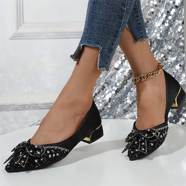 Bow Glitter with Flats - Women's Detail Rhinestone Elegant