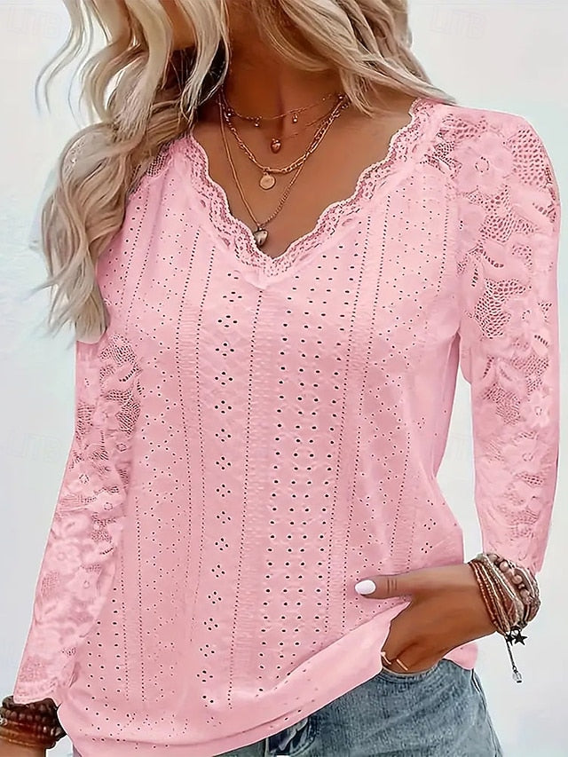 Women's Pointelle Shirt Eyelet Top Lace Splicing Top Blouse