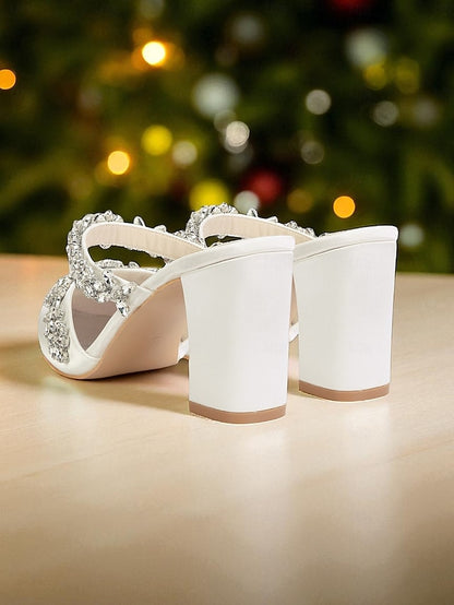 Black Satin Women's Rhinestone Mules Floral with Block Heel