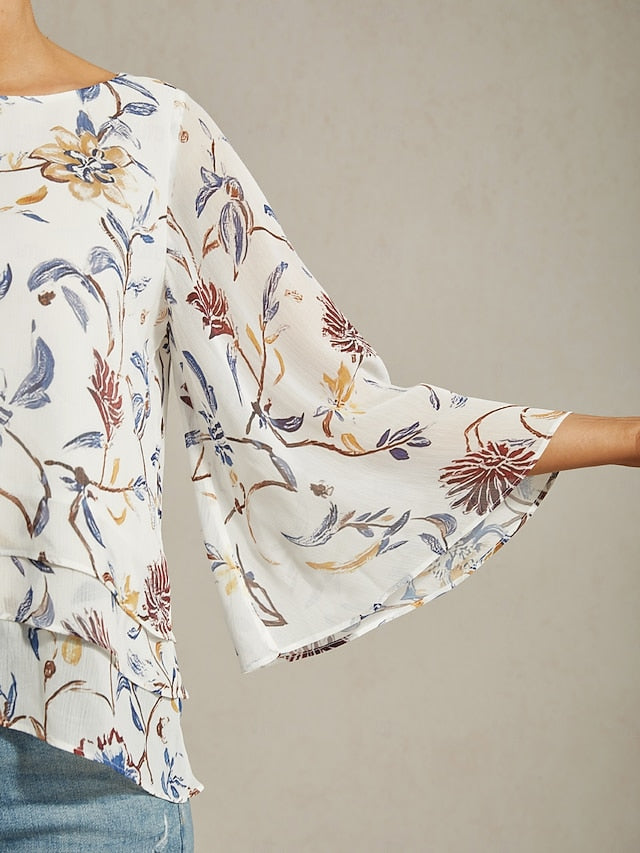 Women's Blouse Floral Print Layered Bell Sleeves Loose Fit