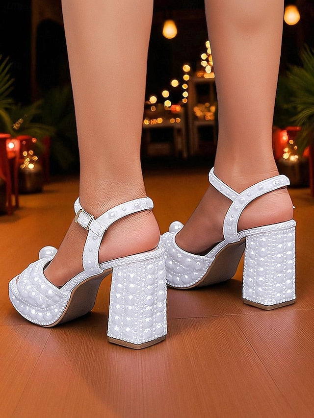 Block Heel Platform Embellished White Sandals Pearl Women's