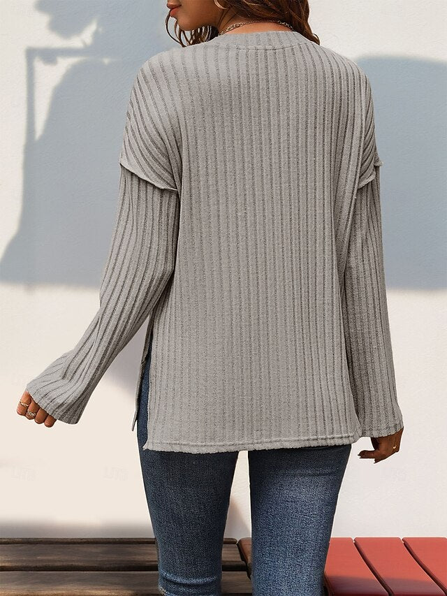Women's Ribbed Knit Tops Patchwork Buttons Casual Long