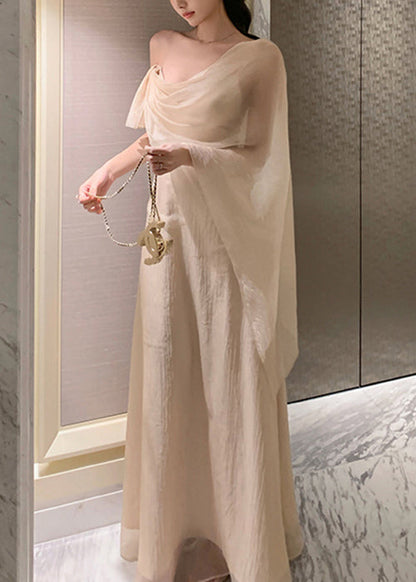 Summer Silk Solid Asymmetrical Apricot Maxi Dresses Elegant
