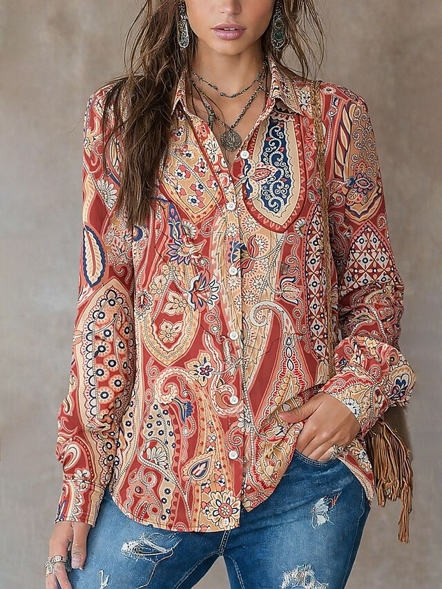 Women's Shirt Buttons Print Graphic Paisley Vintage Stylish