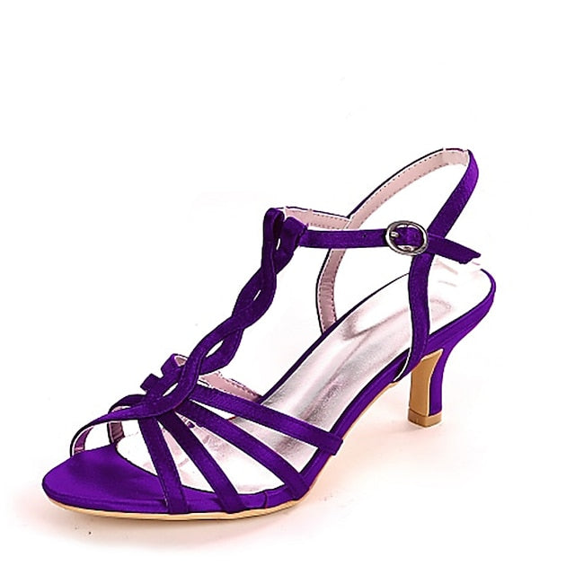 – Purple Elegant Women's Sandals Strappy Satin Mid-Heel