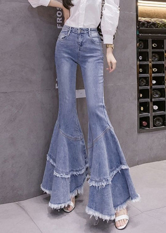 Denim Spring Stylish Tasseled Flared Patchwork Trousers Blue