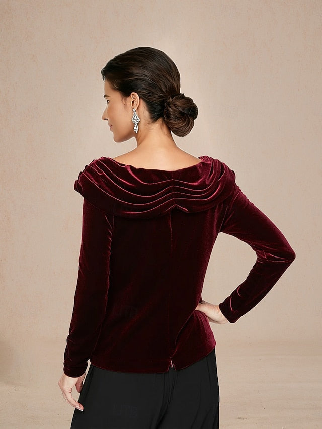 Christmas Women's Dressy Tops Velvet Elegant Long Sleeve