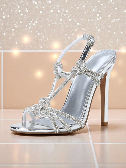 Heels Women's Square Toe Rhinestone Stiletto Strappy with