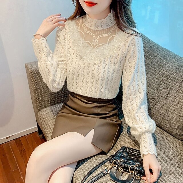 Women's Shirt Lace Shirt Blouse Illusion Lace Plain Stylish