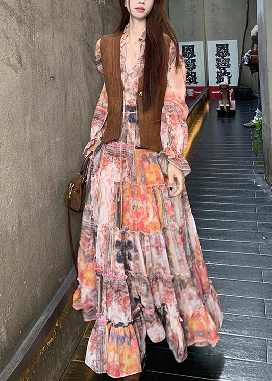 Dress Brown And Ruffled Suede Faux Elegant Waistcoat Two-Piece