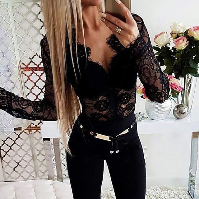 Women's Shirt Going Out Tops Bodysuit Blouse Black Plain