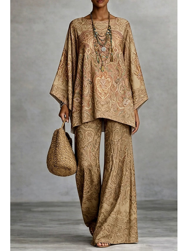 Women's Pants Sets Long Sleeve Round Neck Graphic Paisley