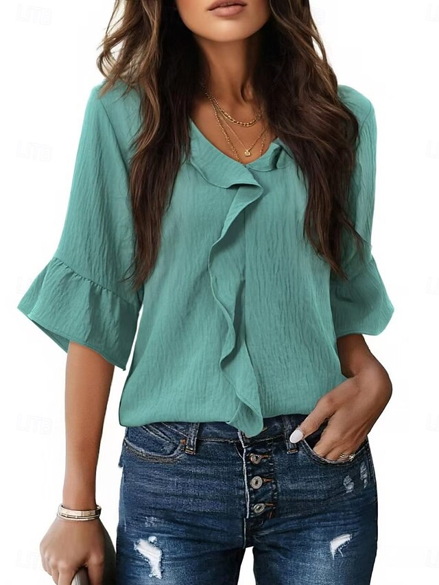 Women's Blouse Ruffle Solid Color Stylish Basic Casual 3/4