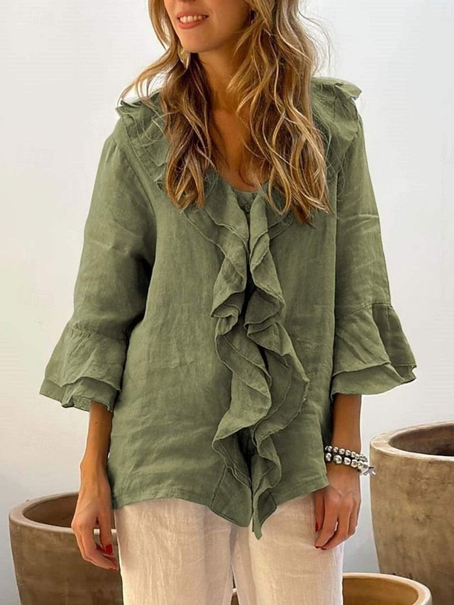 Women's Summer Shirt Casual Shirt Blouse Ruffle Solid Color