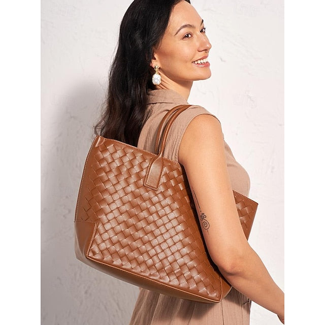 Woven Leather and – Brown Tote Women's Stylish Bag