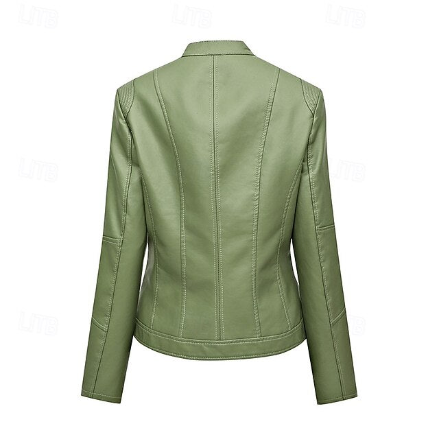Comfortable Zipper Faux Women's Leather Jacket Pocket