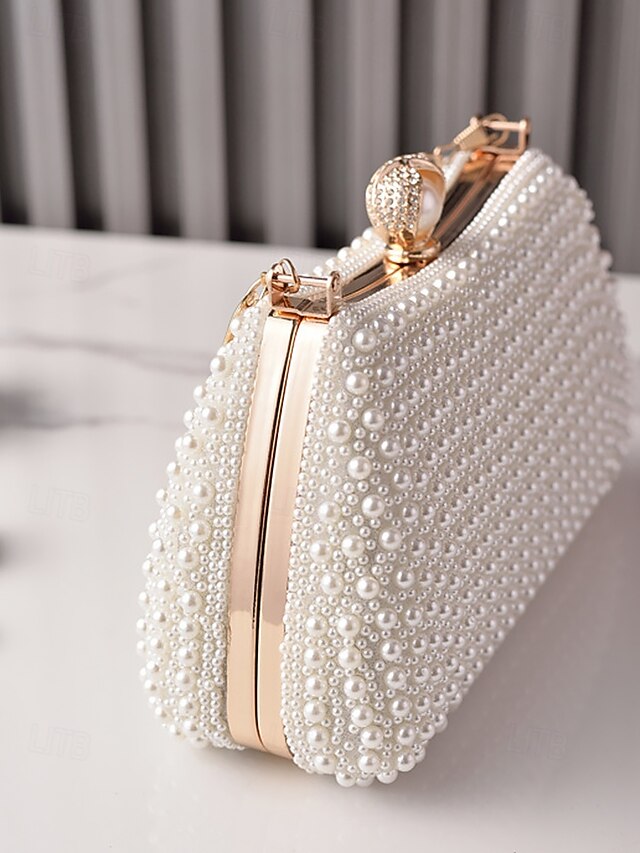 Clutch Evening Bag Gold Pearl with Beaded Women's Handle