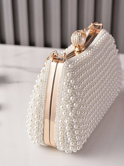 Clutch Evening Bag Gold Pearl with Beaded Women's Handle