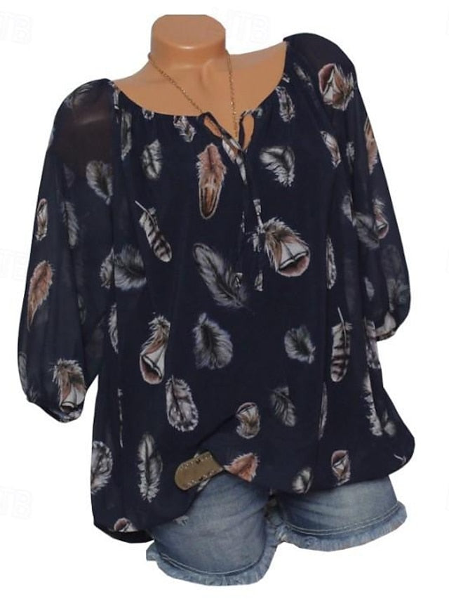 Women's Bohemian Blouse Feather Print Long Sleeve V-Neck