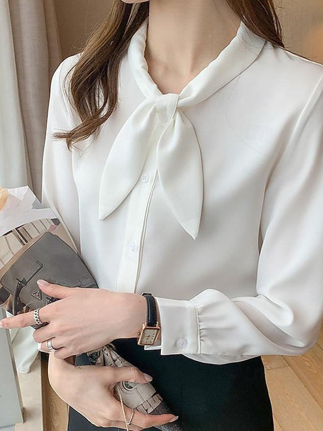 Women's Shirt Elegant Satin Top Blouse Bow Plain Stylish