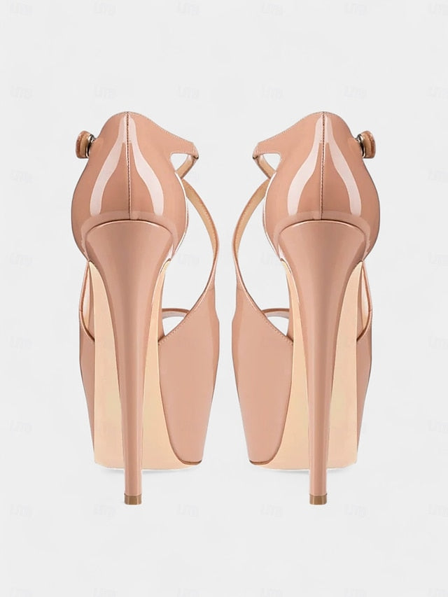 Red Leather Black Patent Heels Cross and Platform Stiletto with