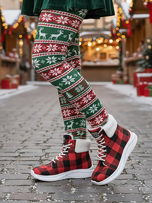 Women's Red Plaid Christmas Lace-up Booties with Faux Fur
