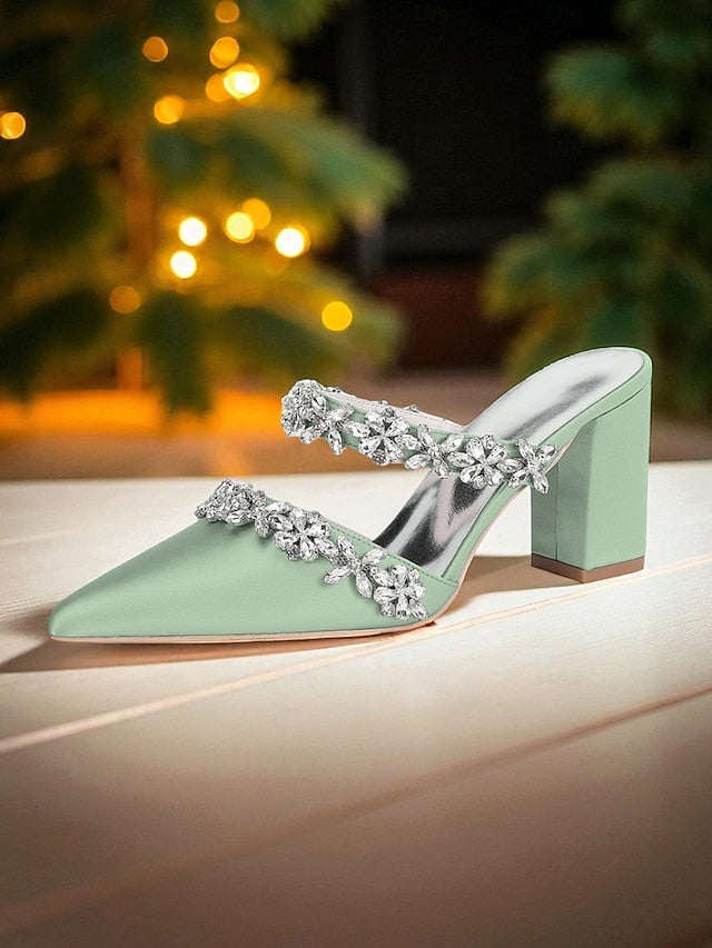 Black Satin Women's Rhinestone Mules Floral with Block Heel