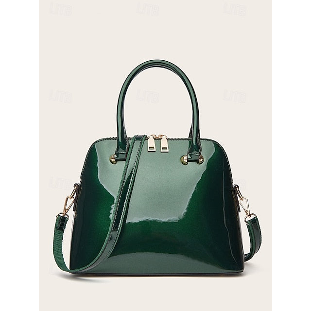 Women's Elegant Patent Shiny Tote Green Leather - Bag