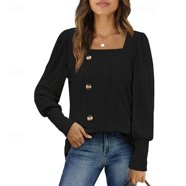 Women's Texture Blouse T Shirt Tee Top Buttons Plain
