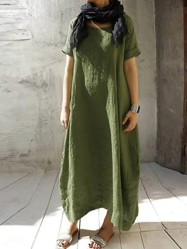 Women's Maxi Dress Faux Cotton Linen Casual Dress Basic