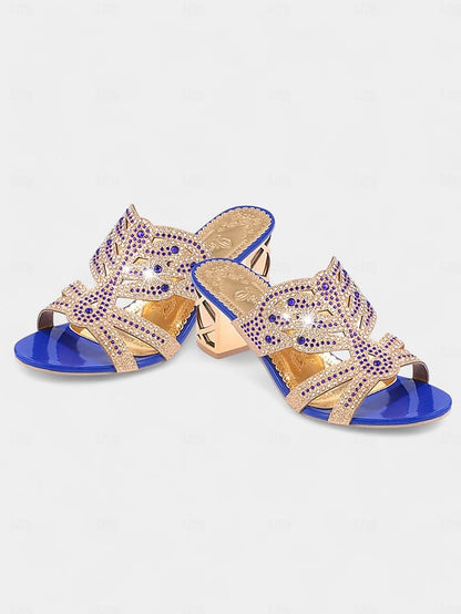 and Heeled Sandals Rhinestone Gold Embellished - Green