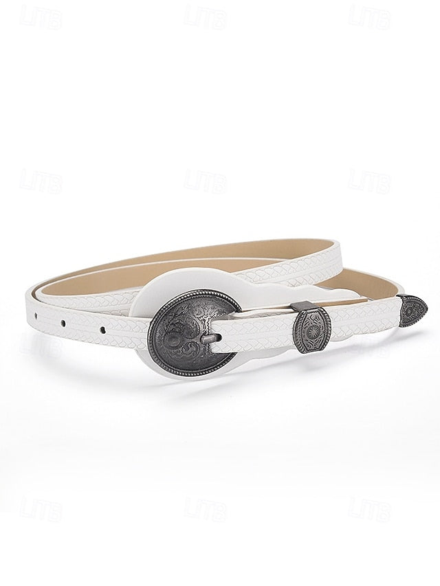 Leather Vintage Women's Faux Belt with Carved Western Waist