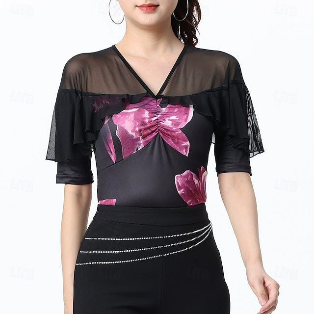 Latin Dance Top Printing Splicing Tulle Women's Performance