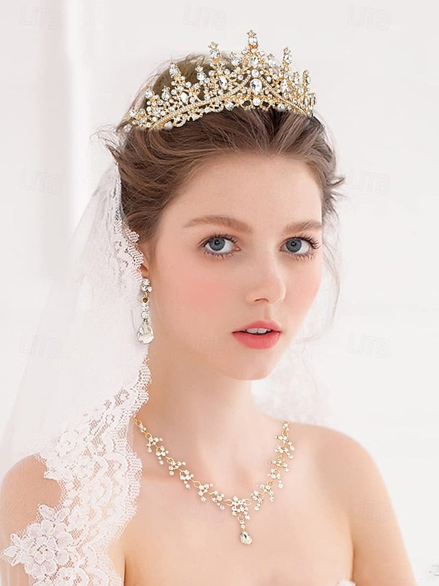 Necklace Set Gold-Plated Tiara and – Sparkling Crown Diamond