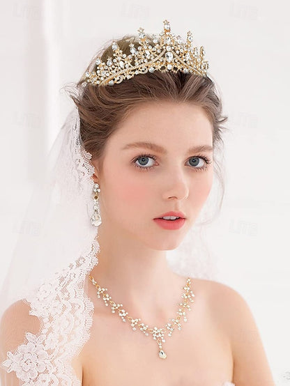 Necklace Set Gold-Plated Tiara and – Sparkling Crown Diamond
