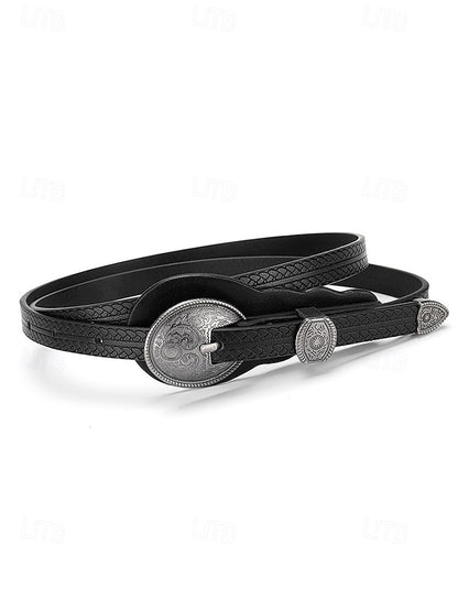 Leather Vintage Women's Faux Belt with Carved Western Waist