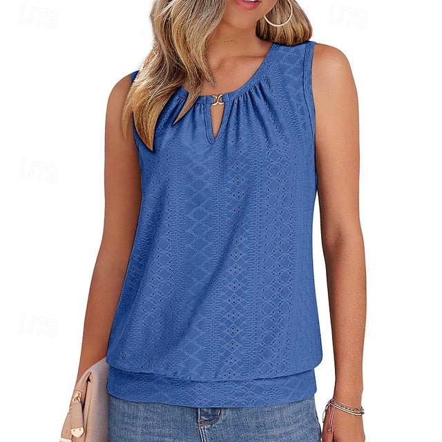 Women's Tank Top Sleeveless Shirt Tee Top Eyelet Solid