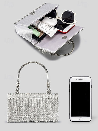 Handbag with Chain Women's Silver Evening Crystal Elegant