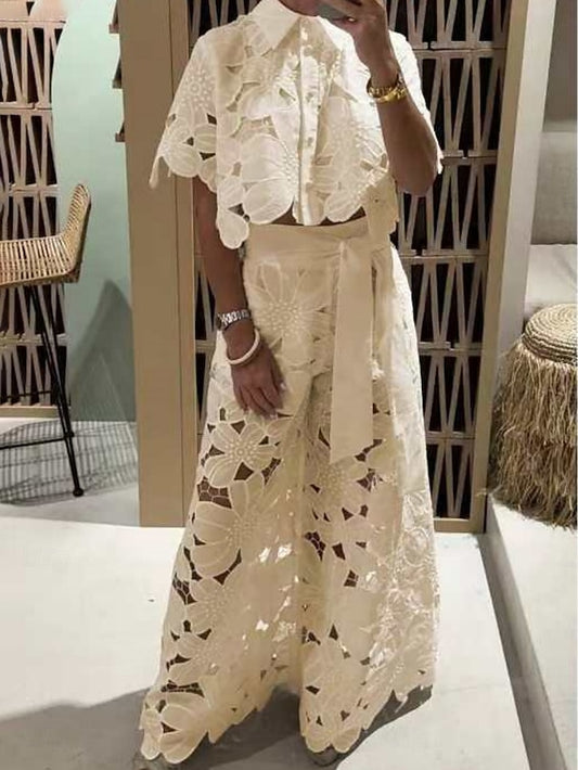 Women's Lace Shirt Wide Leg Pants Short Sleeve Shirt Collar