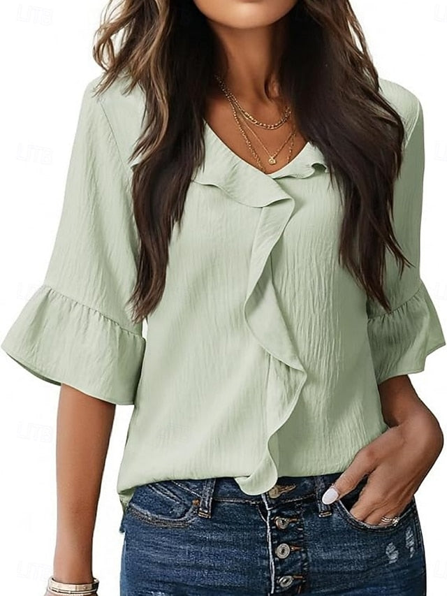 Women's Blouse Ruffle Solid Color Stylish Basic Casual 3/4