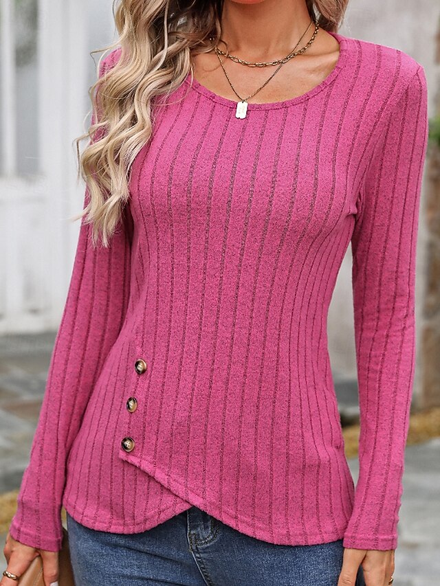 Women's T Shirt Buttons Solid Color Casual Long Sleeve Crew