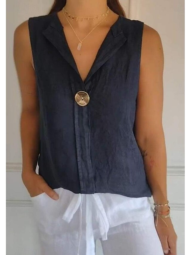 Women's Shirt Blouse Faux Cotton Linen Buttons Plain