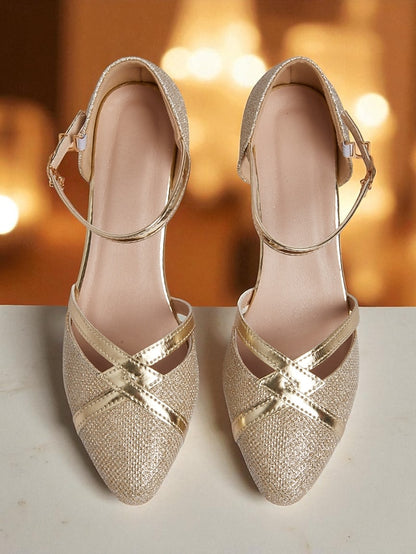 Strap Heel Gold Pumps Ankle Women's Block - Glitter Elegant